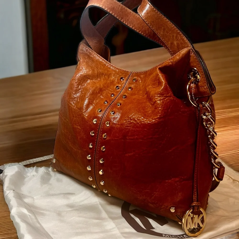 Vintage Michael Kors Vintage Cognac Brown Leather Gold Studs and Chain C… - Picture 4 of 12